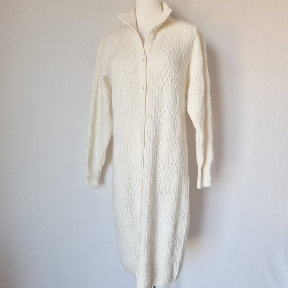 Vintage Liz Claiborne Lambswool Angora Cable-Knit Button-Up Sweater Dress Ivory - Picture 1 of 12
